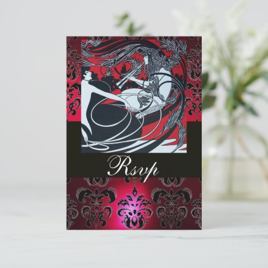 Cartons Réponse ART NOUVEAU OR NOIR ROUGE DAMASK RSVP, ruby (Debout devant)