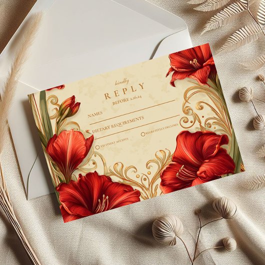 Cartons Réponse Art Nouveau Red Amaryllis Mariage