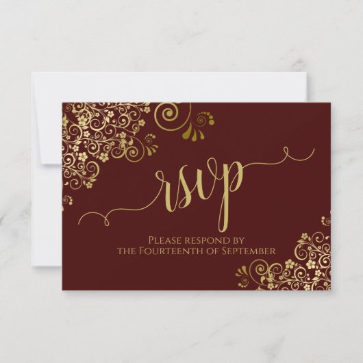 Cartons Réponse Auburn Brown & Gold Lace Mariage de calligraphie (Devant)