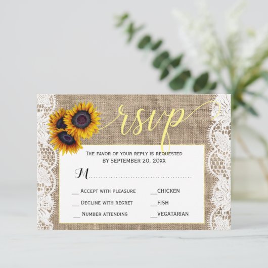 Cartons Réponse Automne tournesol rustique burlap mariage script r (Debout devant)