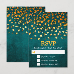 Cartons Réponse Autumn Leaves Gold et Turquoise Grunge Mariage