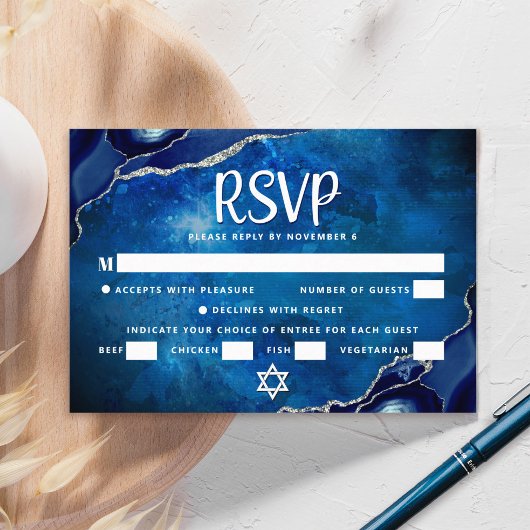 Cartons Réponse Bar Mitzvah Galaxie Agate Bleu Aquarelle Script