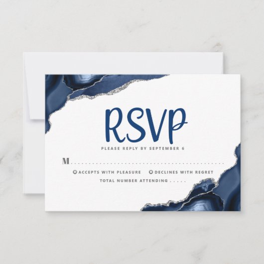 Cartons Réponse Bar Mitzvah Marine Blue Agate Script Simple Modern (Devant)