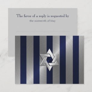 Cartons Réponse Bar Mitzvah Navy et Silver Stripe Star de David