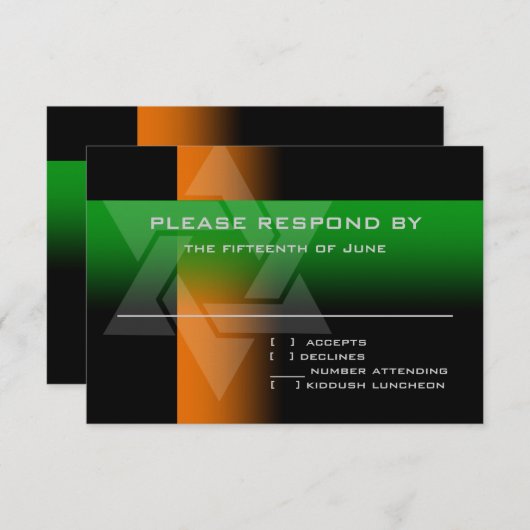 Cartons Réponse Bar Mitzvah orange et vert sur n'importe quelle co (Devant / Derrière)