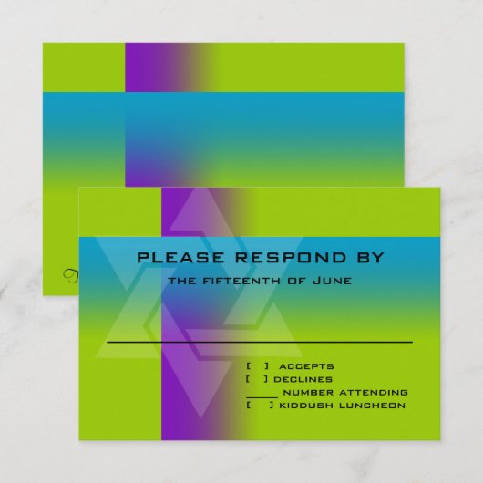 Cartons Réponse Bar Mitzvah violet et turquoise sur n'importe quel (Devant / Derrière)