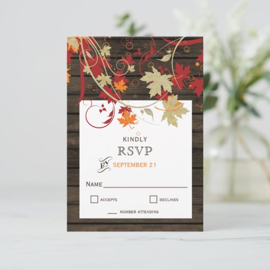Cartons Réponse Barne Bois Rustique Feuilles Mariage (Debout devant)
