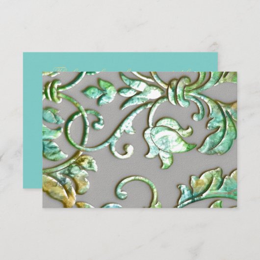 Cartons Réponse Bat mitzvah Aqua Green Gold et Grey Damask (Devant / Derrière)