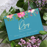 Cartons Réponse Bat mitzvah Bleu Aquarelle Floral Gold Script<br><div class="desc">Soyez fier, réjouissez-vous et célébrez cette étape importante de votre Bat mitzvah préféré avec cette carte d'insertion RSVP sophistiquée et personnalisée pour votre événement! Une étonnante aquarelle fleurie rose et pêche avec typographie de feuille d'or faux et type sans serif blanc moderne superposent un arrière - plan bleu turquoise turquoise...</div>