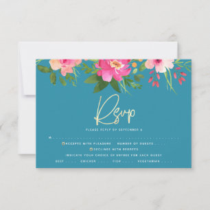Cartons Réponse Bat mitzvah bleu Floral Aquarelle or Script