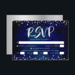 Cartons Réponse Bat mitzvah Marine Aquarelle Argent Script Entrée<br><div class="desc">Soyez fier, réjouissez-vous et présentez cette étape importante de votre Bat mitzvah préféré ! Inclure cette carte d'insertion RSVP étonnante, moderne et personnalisée pour votre événement. Le script de calligraphie et les confettis d'un faux film d'argent graphique superposent un arrière - plan bleu marine riche, dramatique. Personnalisez le texte personnalisé...</div>