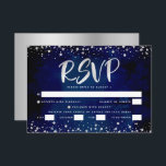 Cartons Réponse Bat mitzvah Marine Aquarelle Argent Script Entrée<br><div class="desc">Soyez fier, réjouissez-vous et présentez cette étape importante de votre Bat mitzvah préféré ! Inclure cette carte d'insertion RSVP étonnante, moderne et personnalisée pour votre événement. Le script de calligraphie et les confettis d'un faux film d'argent graphique superposent un arrière - plan bleu marine riche, dramatique. Personnalisez le texte personnalisé...</div>