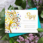 Cartons Réponse Bat mitzvah Moderne Gold Foil Bleu Arbre de vie<br><div class="desc">Soyez fier, réjouissez-vous et présentez cette étape importante de votre Bat mitzvah préféré ! Inclure ce faux arbre graphique en feuille d'or avec brillant turquoise, turquoise, violet et bleu Star de David et point "feuilles" sur un arrière - plan blanc, carte d'insertion RSVP personnalisée pour votre événement. Un tout petit...</div>