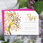 Cartons Réponse Bat mitzvah moderne or rouge huile Arbre de vie<br><div class="desc">Soyez fier, réjouissez-vous et présentez cette étape importante de votre Bat mitzvah préféré ! Inclure ce faux arbre à feuille d'or avec rose brillant, orange et rouge Star of David et point "feuilles" sur un arrière - plan blanc, carte d'insertion RSVP personnalisée pour votre événement. Une toute petite étoile rouge...</div>