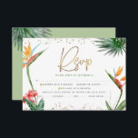 Cartons Réponse Bat mitzvah Tropical Gold Script Palm Aquarelle<br><div class="desc">Soyez fier, réjouissez-vous et célébrez cette étape importante de votre Bat mitzvah préféré avec cette carte d'insertion RSVP sophistiquée et personnalisée pour votre événement! Élégant, étonnant, coloré, oiseaux d'aquarelle tropicale de fleurs de paradis, faux écriture manuscrite or, Star of David et points de parties scintillant, avec vert et gris moderne...</div>