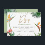 Cartons Réponse Bat mitzvah Tropical Gold Script Palm Aquarelle<br><div class="desc">Soyez fier, réjouissez-vous et célébrez cette étape importante de votre Bat mitzvah préféré avec cette carte d'insertion RSVP sophistiquée et personnalisée pour votre événement! Élégant, étonnant, coloré, oiseaux d'aquarelle tropicale de fleurs de paradis, faux écriture manuscrite or, Star of David et points de parties scintillant, avec vert et gris moderne...</div>