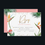 Cartons Réponse Bat mitzvah Tropical Gold Script Palm Aquarelle<br><div class="desc">Soyez fier, réjouissez-vous et célébrez cette étape importante de votre Bat mitzvah préféré avec cette carte d'insertion RSVP sophistiquée et personnalisée pour votre événement! Élégant, étonnant, coloré, oiseaux d'aquarelle tropicale des fleurs de paradis, faux écriture manuscrite or, Star of David et points de parties scintillant, avec le rose rose foncé...</div>