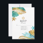 Cartons Réponse Bat mitzvah turquoise et Gold Tropical<br><div class="desc">Célébrez votre Bat mitzvah avec cette carte RSVP élégante et moderne. Dotée d'un design de feuilles turquoises et dorés avec une étoile de David, cette carte mêle parfaitement un thème tropical avec des éléments traditionnels juifs. Entièrement personnalisable, il est idéal pour donner le ton d'une célébration Bat mitzvah unique et...</div>