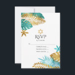 Cartons Réponse Bat mitzvah turquoise et Gold Tropical<br><div class="desc">Célébrez votre Bat mitzvah avec cette carte RSVP élégante et moderne. Dotée d'un design de feuilles turquoises et dorés avec une étoile de David, cette carte mêle parfaitement un thème tropical avec des éléments traditionnels juifs. Entièrement personnalisable, il est idéal pour donner le ton d'une célébration Bat mitzvah unique et...</div>