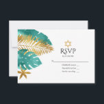 Cartons Réponse Bat mitzvah turquoise et Gold Tropical<br><div class="desc">Célébrez votre Bat mitzvah avec cette carte RSVP élégante et moderne. Dotée d'un design de feuilles turquoises et dorés avec une étoile de David, cette carte mêle parfaitement un thème tropical avec des éléments traditionnels juifs. Entièrement personnalisable, il est idéal pour donner le ton d'une célébration Bat mitzvah unique et...</div>