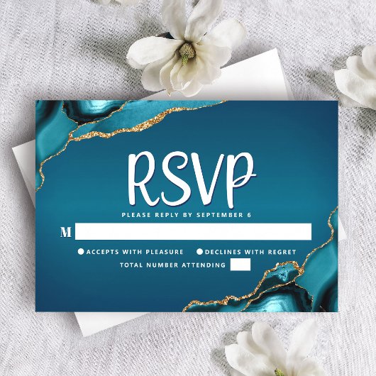 Cartons Réponse Bat Mitzvah Turquoise Ombré Agate Doré Script