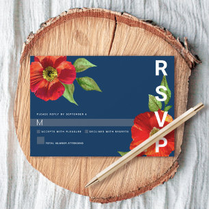 Cartons Réponse Batz Mitzvah Fleur Rouge Aquarelle Gras Bleu Marin