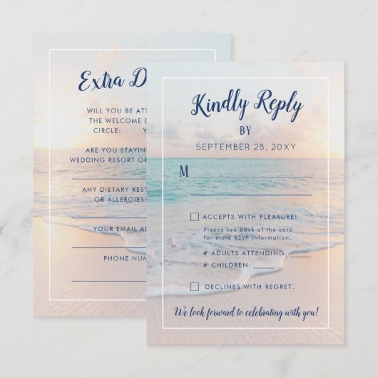 Cartons Réponse Beach Destination Wedding Ocean Sunset Détails (Devant / Derrière)
