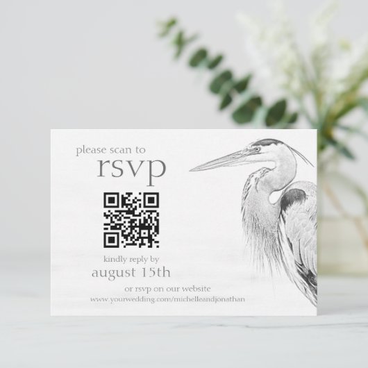 Cartons Réponse Beau Blue Heron Bird Sketch Mariage QR Code (Debout devant)