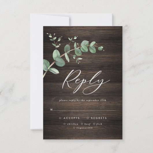 Cartons Réponse beau vert eucalyptus mariage bois foncé (Dos)