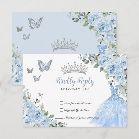 Cartons Réponse Bébé Bleu Floral Princesse Robe Argent Quinceañera (Devant / Derrière)