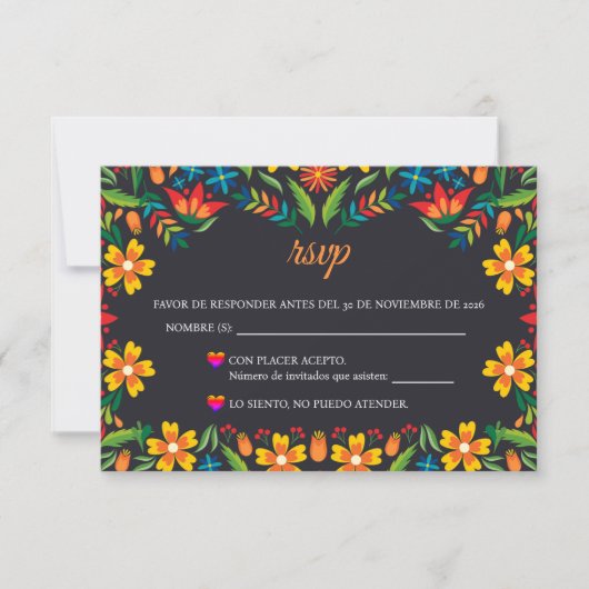 Cartons Réponse Black Floral Colorful Botanical Spanish Wedding (Devant)