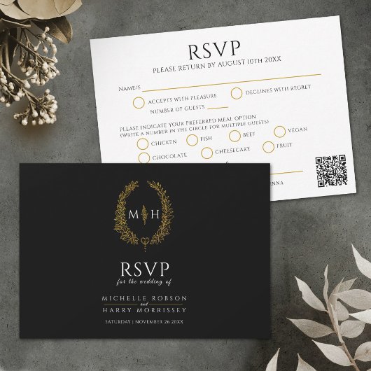Cartons Réponse Black gold monogram meal option wedding QR code