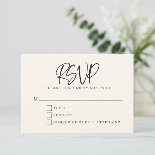 Cartons Réponse Black Ivory Cream Modern Script Lettering Wedding (Debout devant)
