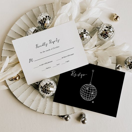 Cartons Réponse Black Minimal Disco Ball Mariage | Choix de repas