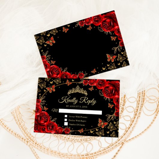 Cartons Réponse Black Red Gold Quinceanera Reply
