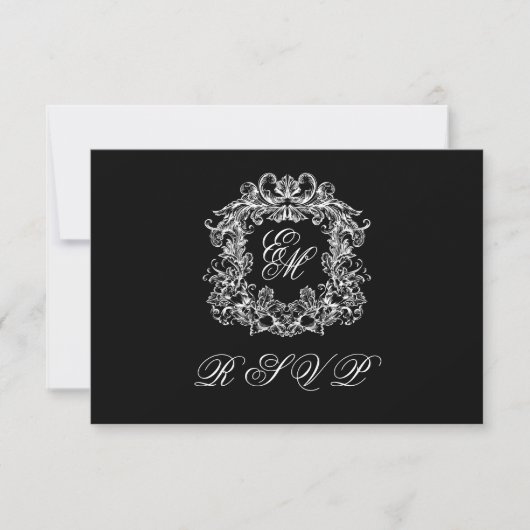Cartons Réponse Black White Monogram Crest Elegant Wedding (Devant)