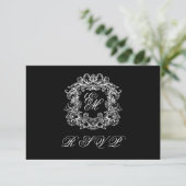 Cartons Réponse Black White Monogram Crest Elegant Wedding (Debout devant)