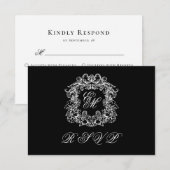 Cartons Réponse Black White Monogram Crest Elegant Wedding (Devant / Derrière)