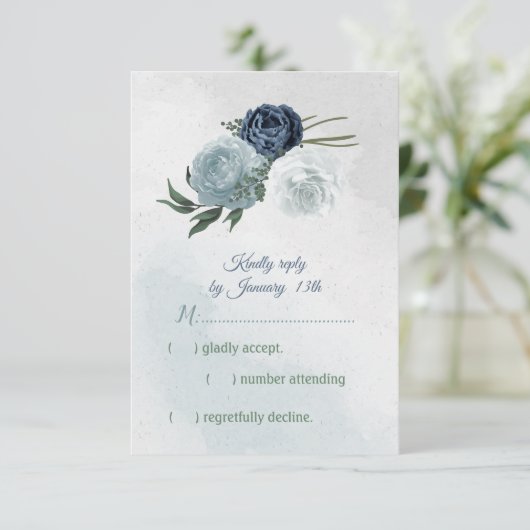 Cartons Réponse blanc & bleu mariage fleuri (Debout devant)