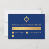 Cartons Réponse Blason de monogramme à feuilles d'or fausses bleu  (Devant)