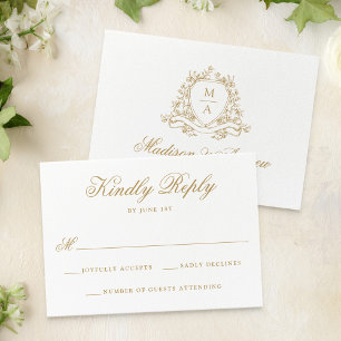 Cartons Réponse Blason Floral Doré Élégant Monogramme de Mariage