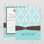 Cartons Réponse Bleu aqua, damas blanc avec ruban marron FAUX (Devant / Derrière)