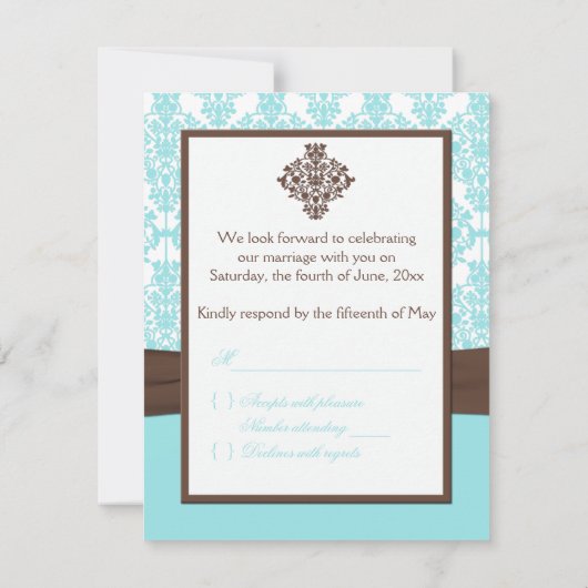 Cartons Réponse Bleu Aqua, Damassé Blanc avec Ruban FAUX Marron (Dos)