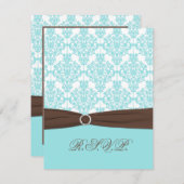 Cartons Réponse Bleu Aqua, Damassé Blanc avec Ruban FAUX Marron (Devant / Derrière)