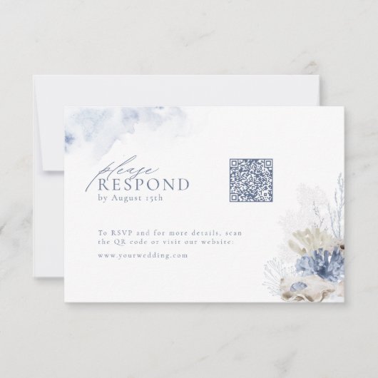 Cartons Réponse Bleu corail & coquillages mariage plage code QR (Devant)