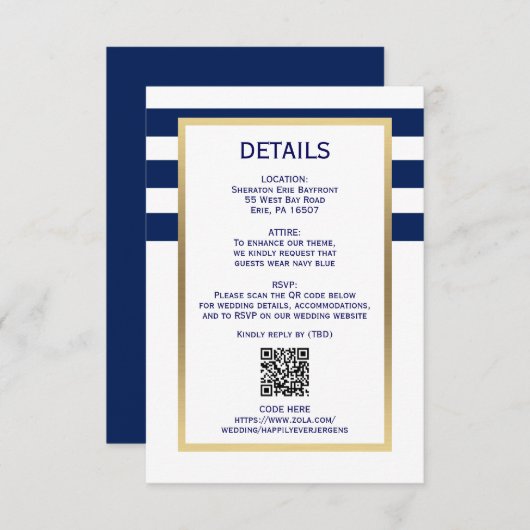 Cartons Réponse Bleu de marine Bleu Blancs Mariage QR CODE (Devant / Derrière)