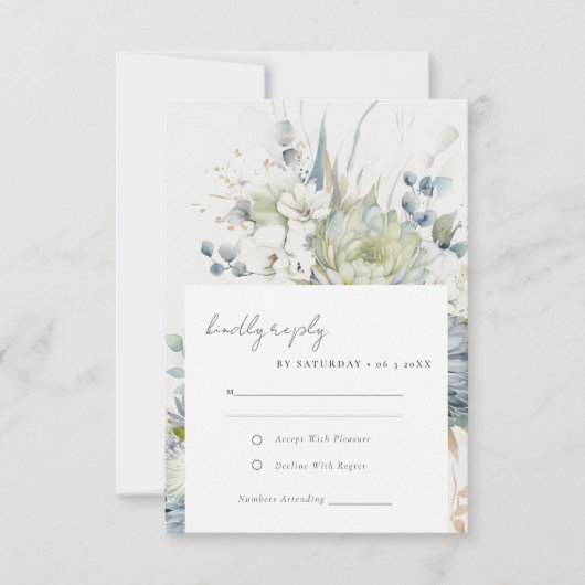 Cartons Réponse Bleu doux Vert Succulent Mariage botanique fleuri (Devant)