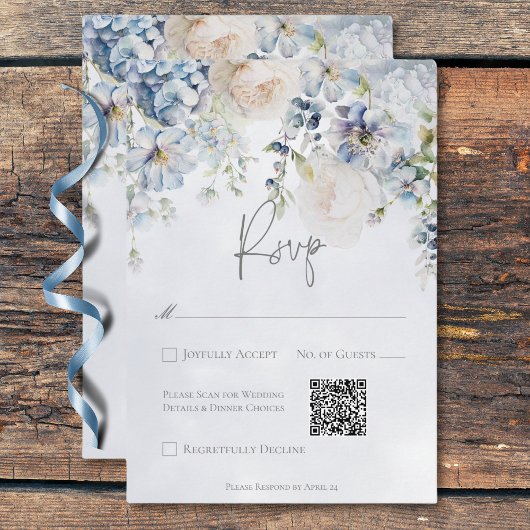 Cartons Réponse Bleu et blanc Floral Moderne Mariage QR Code