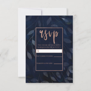 Cartons Réponse Bleu foncé Botanique Feuille Rose Gold Wedding RSV