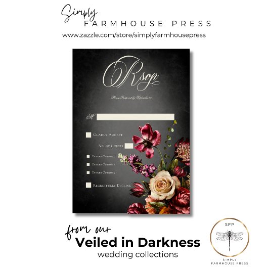 Cartons Réponse Bleu foncé élégant Automne Floral Mariage Dîner